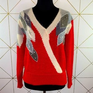 Vtg 80s Patchwork Suede Lambswool Angora Sweater